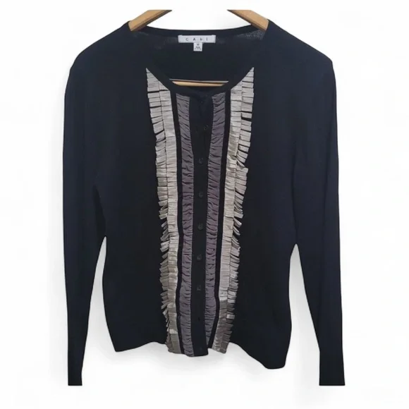 CAbi Black Tuxedo Fringe Cashmere Cotton Cardigan size medium - Picture 1 of 6